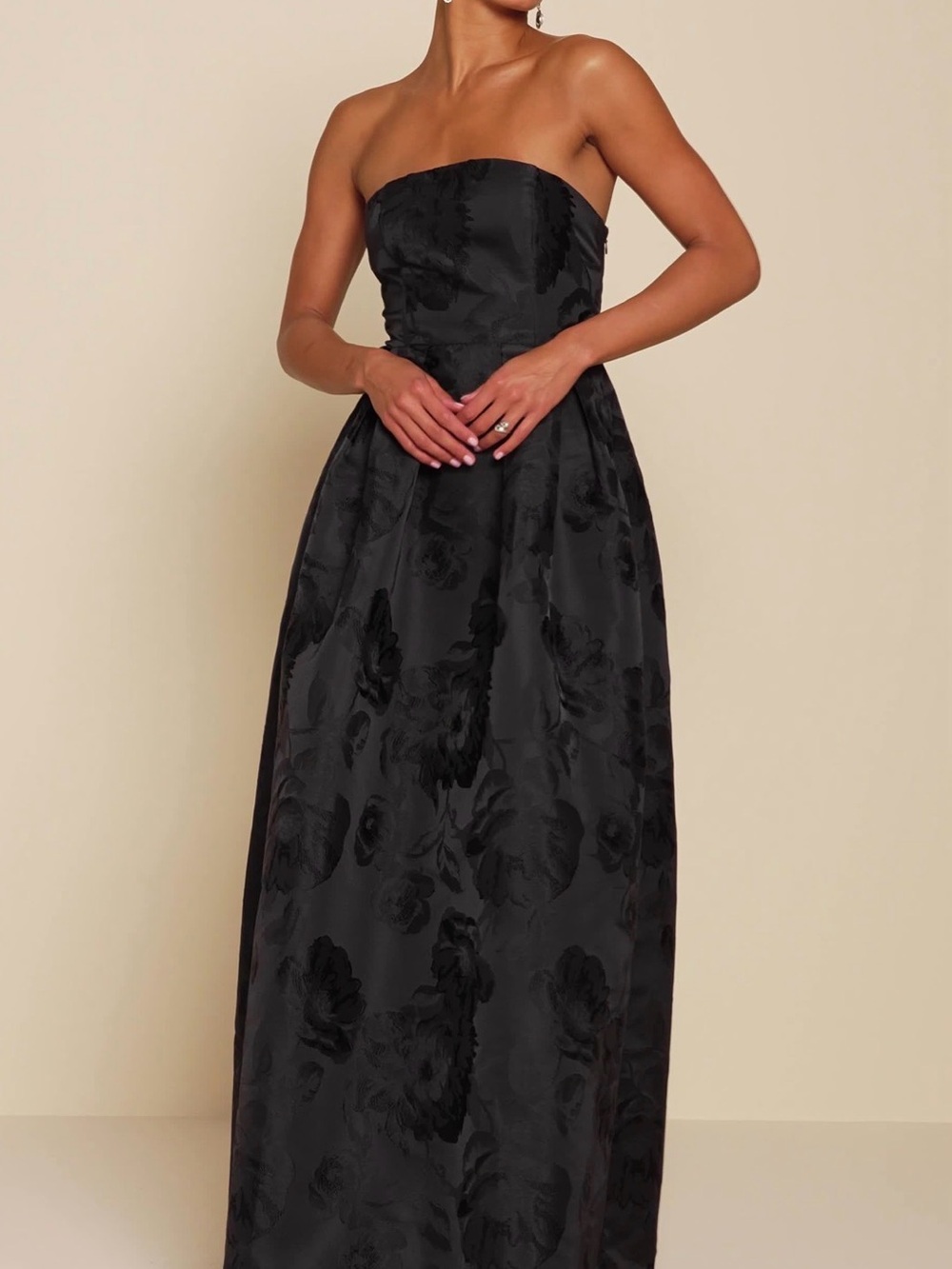 Lulus Black Floral Jacquard Pleated Strapless Maxi Dress